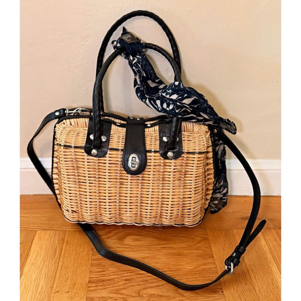 Patricia Nash Woven Satchel Top Handle Turn Lock Tan/Black w/ Detachable Strap